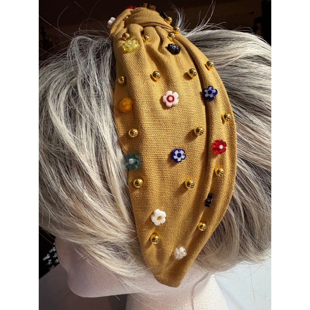 Mustard Yellow Knotted Headband with Colorful Floral Charms and Gold Studs